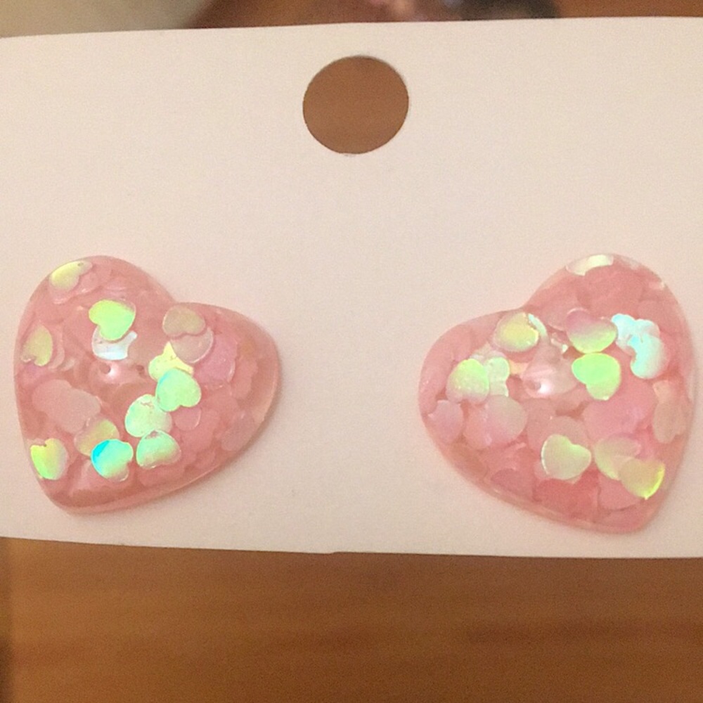 Iridescent Pink Glitter Heart Earrings